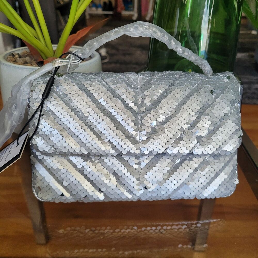 Nicole Miller Silver Sequin Handbag Chevron Quilted Crossbody Purse Evening Bag - Picture 8 of 12